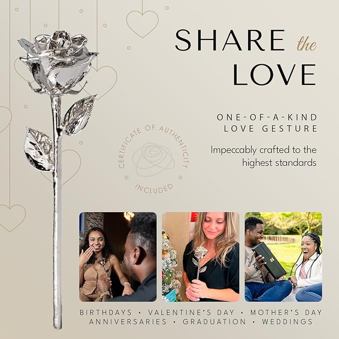 Forever Rose Real Rose Dipped in Platinum, Handcrafted Preserved Rose in Luxury Leather Display Case with LED Light, Romantic Gift for Her, Elegant Keepsake for Anniversary, Birthday, or Any Occasion