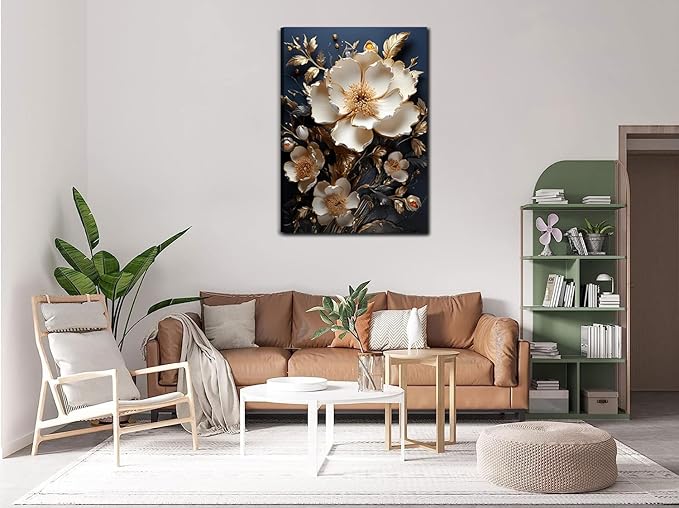 3D Abstract Flower Canvas Wall Art White Floral Texture Poster Prints Serene Blossoms Wall decor pictures for Bedroom and Bathroom Home Decorations Framed(16inx24in Canvas)