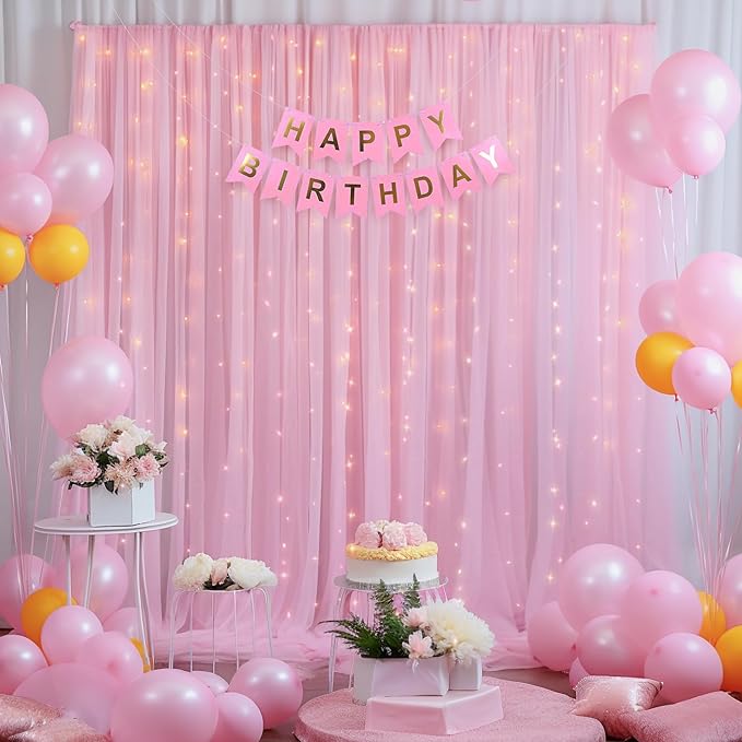20x10ft Baby Pink Tulle Backdrop Curtain with Lights String for Parites, Sheer Backdrop Curtains for Wedding Baby Shower Birthday Party Photo Shoot Decorations