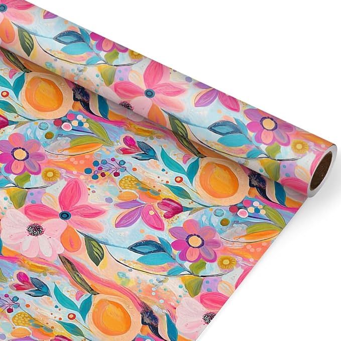 WALL-KNACK 17" X 393" Vibrant Texture Colorful Flower Orange Wrapping Paper Gift Wrap Roll for Wedding, Mother's Day, Holiday, Baby Shower, Women Girls Gifts, Birthdays, Bridal Shower and Engagement