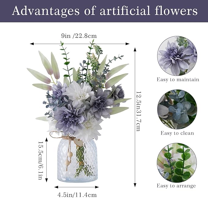 Artificial Flowers Combo Bue Wite Flowers Mix Silk Flowers Dahlia, fake flowers for Wedding Bridal Bouquets, Floral Arrangement, Table Centerpieces. Fake Plastic Flowers Bulk Vase Decoration