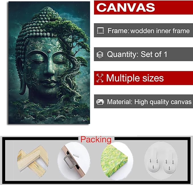 Buddha statue wall art canvas wall decor aesthetic picture mystical nature art for tranquil home and spiritual space 24x36in Wood Framed