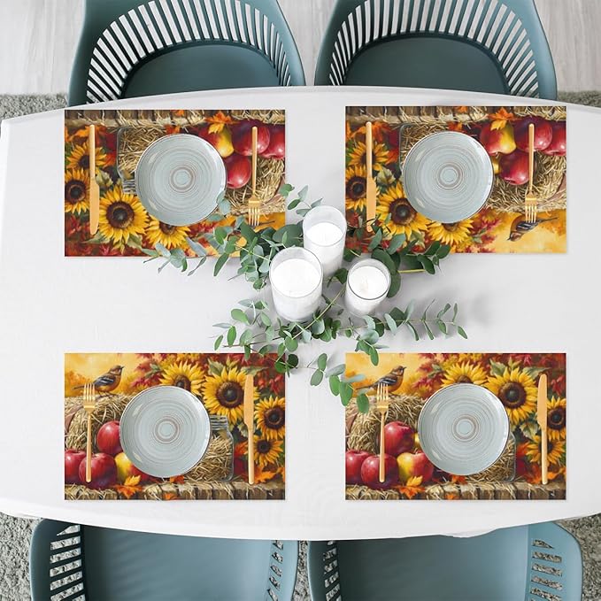 Autumn Apple Flower Sunflower Placemats Set of 6 PVC Vinyl Non Slip Table Mats Heat Resistant Place Mats Washable Wipeable Dining Table Mat for Kitchen Decor Party Indoor Outdoor Decorative Gift