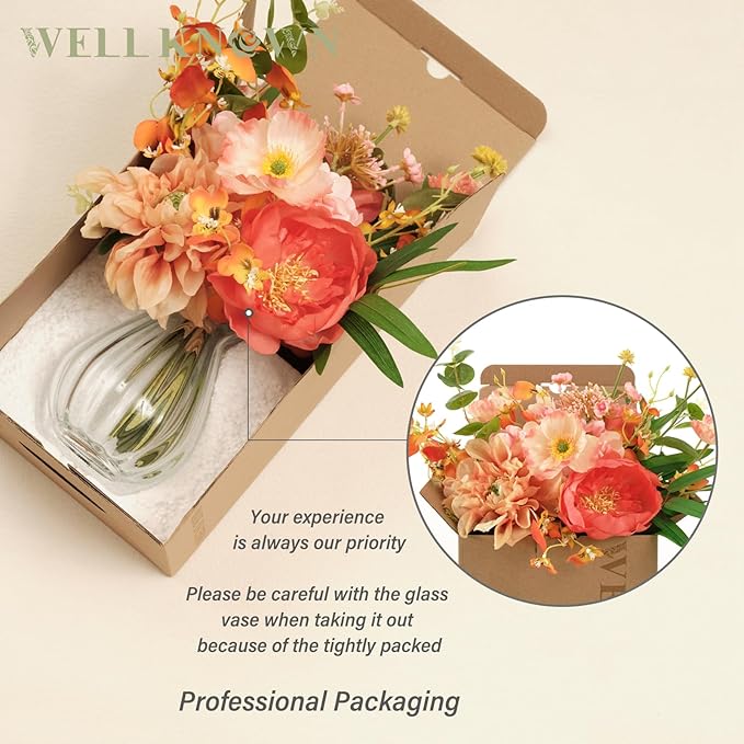 WELL KNOWN Silk Peony Mixed Wild Flower Bouquet in Vase, Artificial Flowers Arrangements Orange & Pink Fake Flowers with Vase for Home Living Room Wedding Party Dinning Table Fall Seasonal Decor