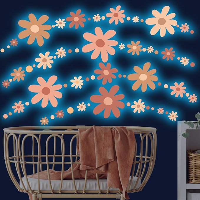 Glow in The Dark Big Daisy Wall Decals，Glowing Luminous Large Cute Daisy Wall Stickers Colorful Removable self-Adhesive Flower Boho Decals for Girls Bedroom Kids Baby Nursery Living Room Decor