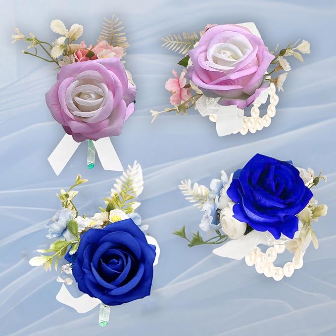 Wrist Corsage and Boutonniere Set, Artificial Rose Corsage Wristlet and Boutonniere for Wedding Prom Party (Dark Blue, 2pcs)