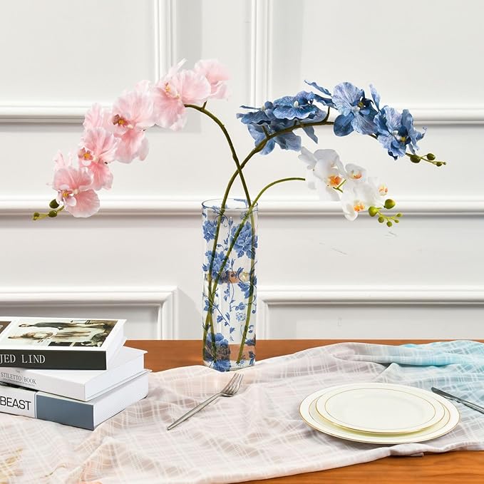 Flower Vase Clear Plastic Cylinder Vases Decor for Centerpieces Home Storage Office Weddings Flowers Blue and White Pattern 11.8 x 3.9 in