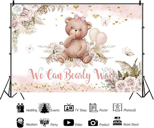 10x6.5ft Bear Baby Shower Backdrop Boho Pink Floral We Can Bearly Wait Photography Background It’s a Girl Baby Shower Party Banner Decorations Supplies Photo Booth Props