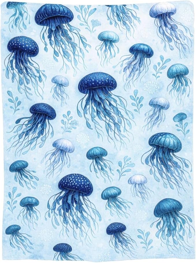 Jellyfish Blanket Marine Life Throw Blanket Blue Ocean Sea Soft Cozy Fleece Sealife Fuzzy Stuffed Plush Animal Flannel Gifts for Girls Women Boys Kids Adults 60"X80"