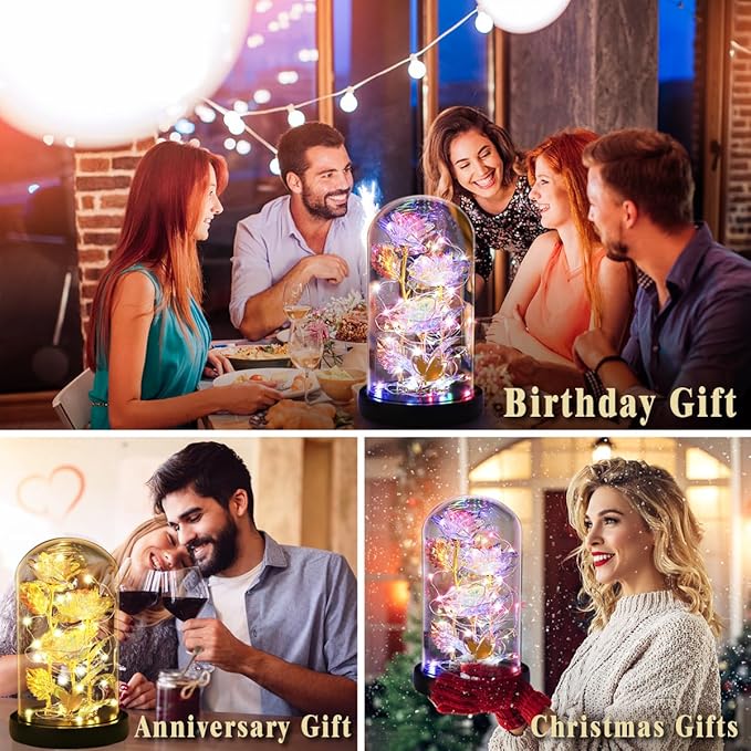 Valentines Gifts for Her,Birthday Gifts for Women,Colorful Flowers Rose in Glass Dome,Galaxy Flowers Rose with 2 Lighted Mode,Rainbow Rose Flower Gifts for Women,Valentines Gifts for Girlfriend