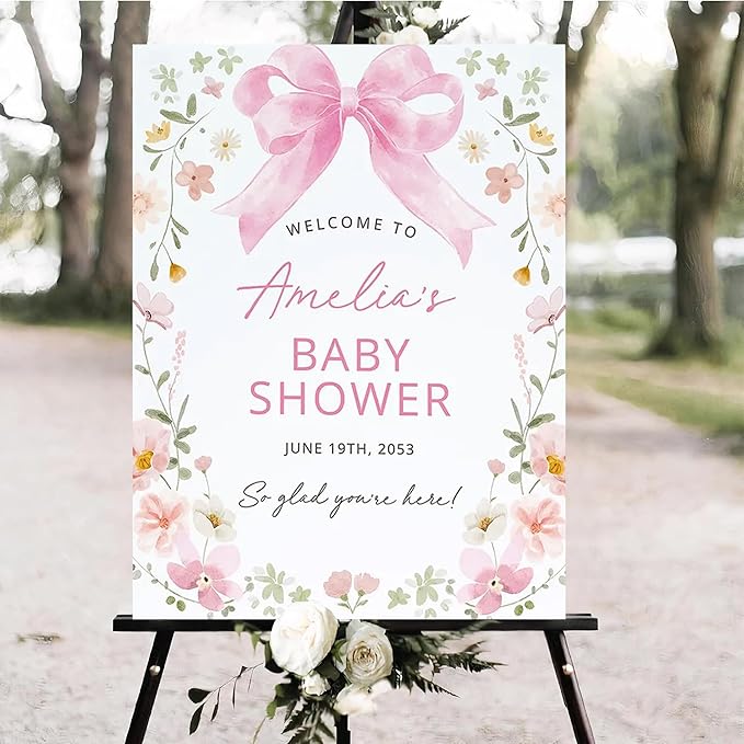 Personalized Pink Bow Baby Shower Welcome Sign, Custom Minimalist Bow Baby Girl Party Sign, Baby's Shower Gifts, Birthday Gifts, Gender Reveal Decorations, Newborn Announcement Party Supplies - 01
