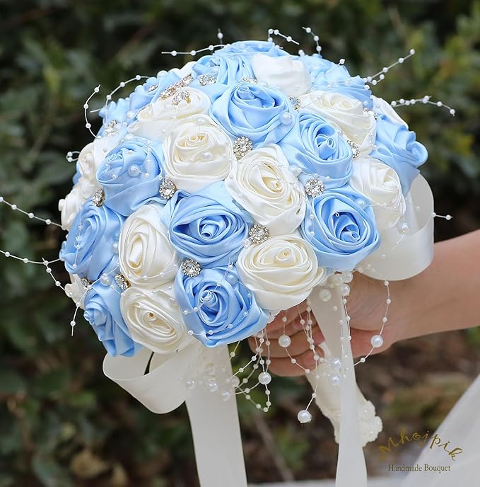 Bridal Wedding Bouquet Round Bling Brooch Bouquet Throw Toss Artificial Rose Flower Bunch for Bride Bridesmaid Wedding Quinceanera(Light Blue & Ivory, 7.5")