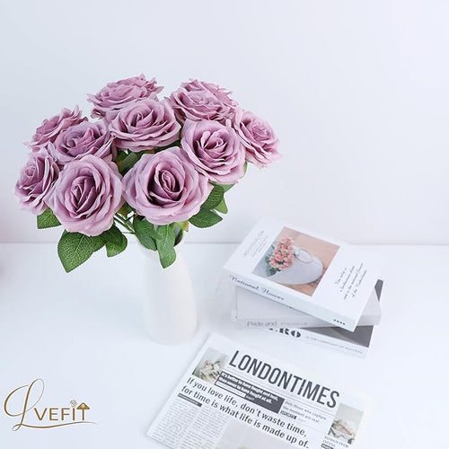 12pcs Artificial Rose Flower Mauve Rose Flower with Long Stem Silk Roses Bouquet for Wedding Bridal Shower Party Home Decoration
