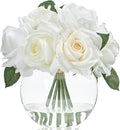 WELL KNOWN Artificial Flowers with Vase, Silk Rose Artificial Flowers Table Centerpieces with Faux Water for Home Decoration Fake Roses Flower Arrangements for Table Decor (White&Green)