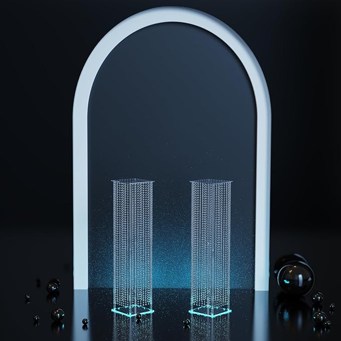 2-Pack 48" Clear Acrylic Wedding Pillars with Remote LED Lights, Crystal Bead Flower Pedestal Stands for Elegant Wedding Ceremony, Party, Holiday Events & Seasonal Decorations