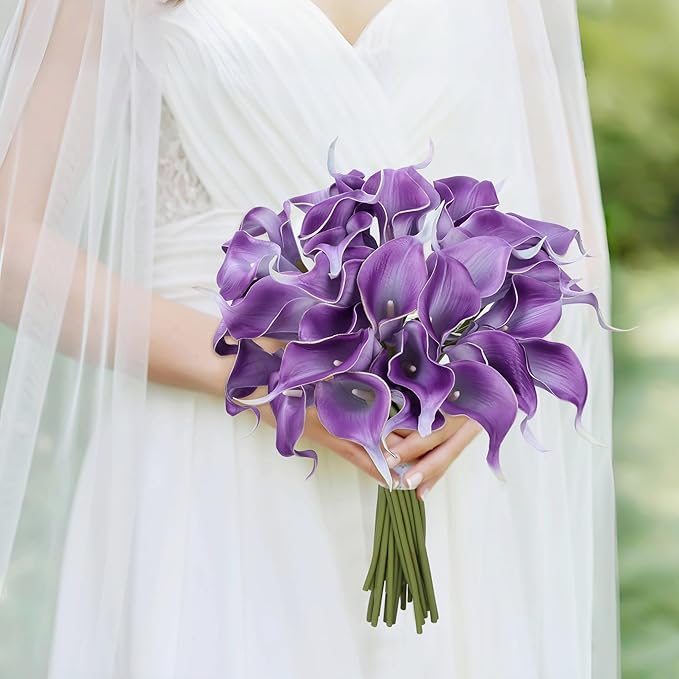 24 Pcs Purple Artificial Calla Lily Flowers Fake Purple Silk Flowers Real Touch for Wedding Bouquet Office Home Kitchen Decor