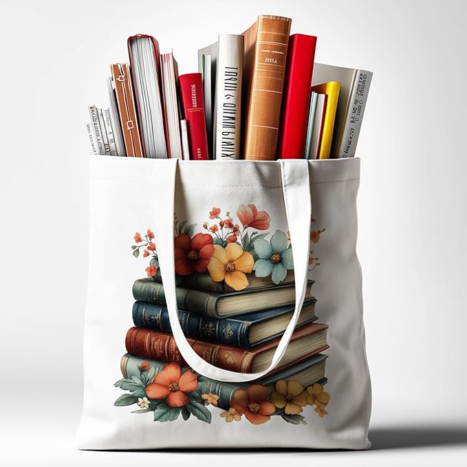 ANATTASOUL Canvas Tote Bag Flower Reusable Cotton Bag for Women, Durable Cloth Shoulder Bags with Zipper Pockets for Shopping, Vacation, Work, Gym