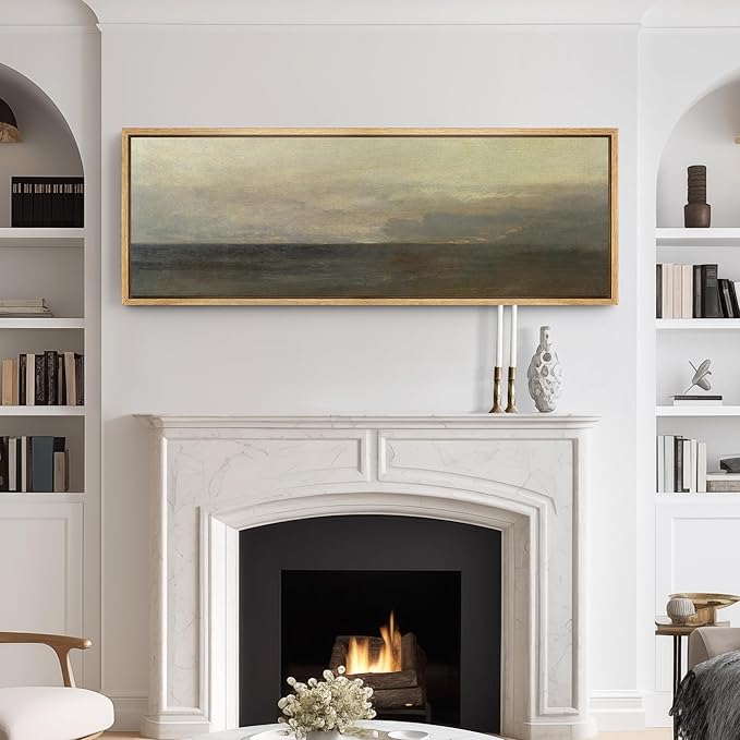 SIGNFORD Large Framed Canvas Print Wall Art Misty Seashore at Dusk Peaceful Beach Landscape Illustrations Modern Art Relax/Calm Warm for Living Room, Bedroom, Office - 60"x20"