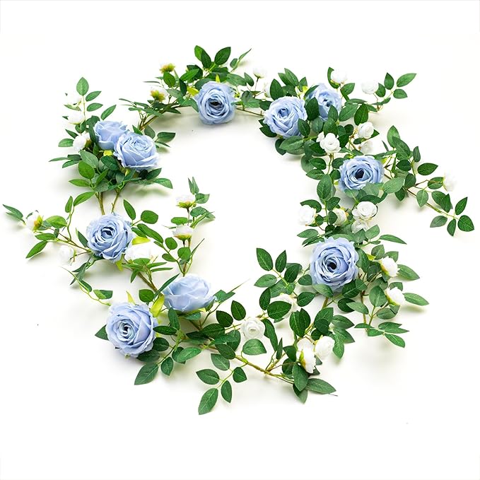 6FT Bendable Flower Garland, Artificial Rose Vine Hanging Floral Garland Decoration for Weding Home Room Wall Decor (Blue, 2pcs)