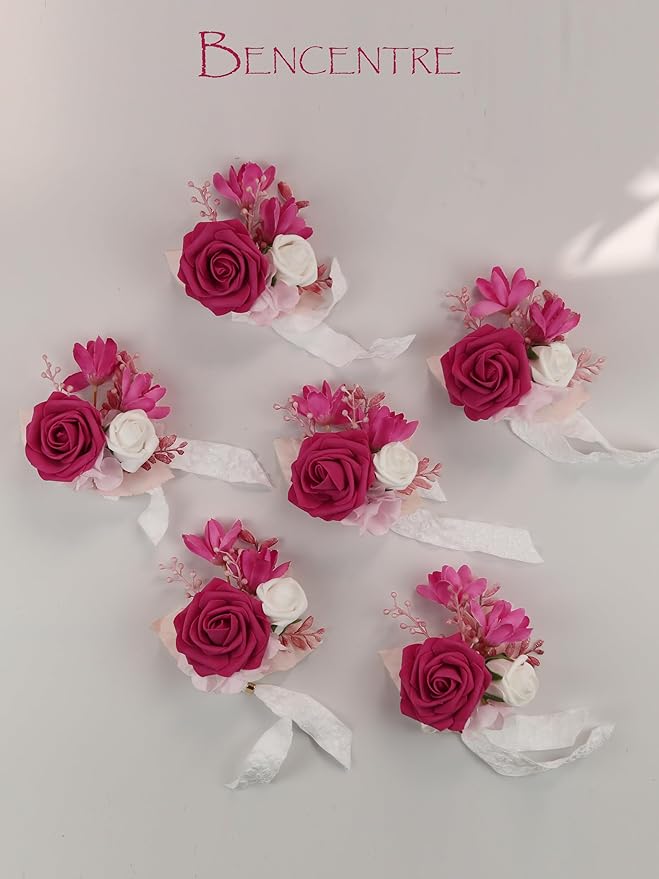 Hot Pink Wrist Corsage for Wedding(Set of 6), Wrist corsages for Prom,Party Prom Hand Flower Decor,Mother of The Bride Corsage,Bridesmaid Wrist Corsage