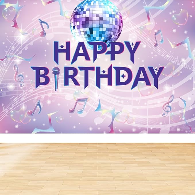 Pink Purple Birthday Backdrop, 1.5x1m/59.06x3.28ft Cartoon Happy Birthday Backdrop Dreamy & Funny Musical Themed Party Banner for Women Girl Celebration Decoration