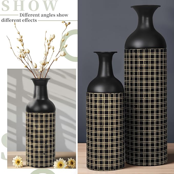 Tall Floor Vase Set of 3, Large Black Metal Vases with Minimalist Gold Lines & Detachable Vase Mouth, Big Modern Decorative Vases for Living Room,Hallway,Dining Room,Office,Kitchen.