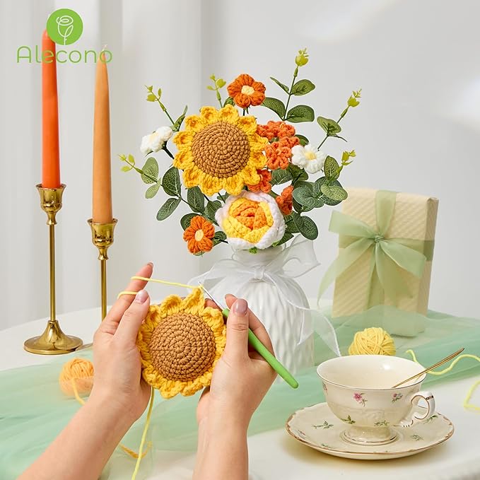Alecono Crochet Flower Bouquet, Knitted Sunflower Flowers, Green Handmade Bouquet of Flowers for Lover Anniversary Birthday Party Mother's Day Graduation Gifts (Include Card)
