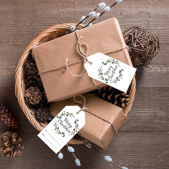 Andaz Press Christmas Holiday Season Classic Gift Tags, Merry Christmas to from Classic Favor Tags, Christmas Holly Wreath Design, for Holiday Events, Parties, and Favors, 60-Pack