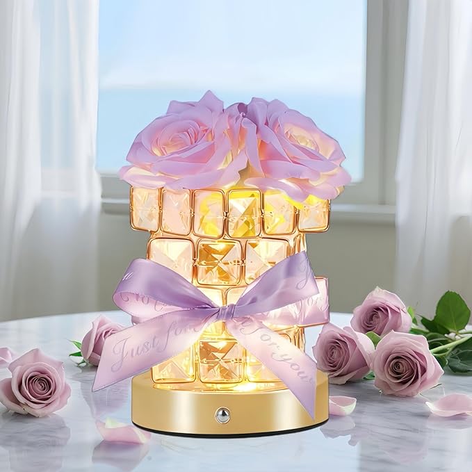 Christmas Gifts for Woman, Touch Crystal Rose Lamp, Elegant Flower lamps, Purple Roses Crystal Lights Base, Purple Nightlight, Gifts for Her, Mom, Wife, Girlfriend, Valentines, Birthday Gifts