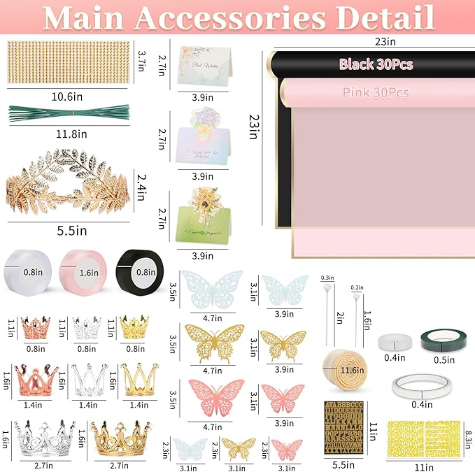 260Pcs Flower Bouquet Wrapping Paper Kit, 60 Sheets Waterproof Paper, 36 Butterflies, 8 Crowns, 1 Headband, 4 Ribbons, 15 Cards, 100 Diamond Pins, 30 Floral Wire, 3 Stickers, 3 Tapes (Black & Pink)