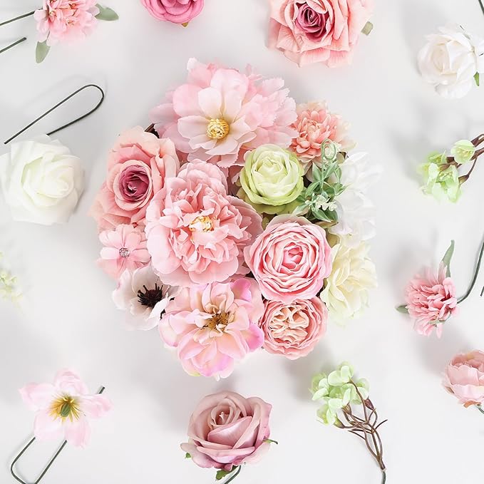 Artificial Flowers Combo Pink Roses with Stems Bouquets Box Set Bridal Wedding Shower Decorations Fake Floral for Party Table Centerpieces Home Decor