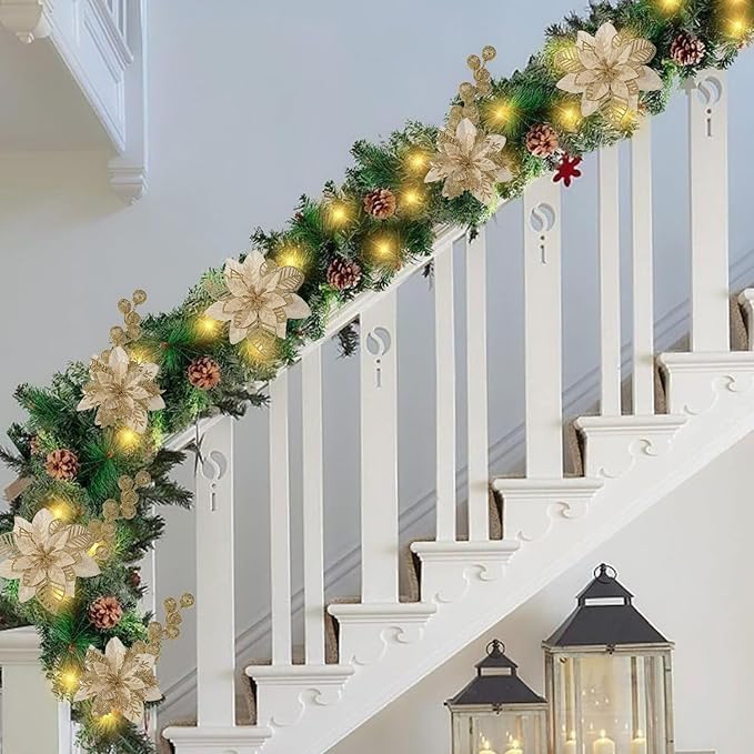24 Pcs Gold Boxed Christmas Poinsettia Flowers Set, 16 Pcs Artificial Poinsettias with Clips, 8 pcs Glitter Christmas Tree Ornaments Berry Stems for Wedding Home Holiday Xmas New Year Decorations