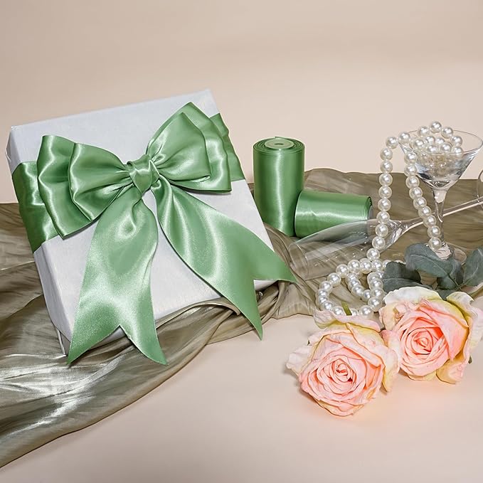 LaRibbons Sage Green Satin Ribbon 3 Inch 10 Yards Double Faced Luxury Light Green Silk Ribbon for Gift Wrapping Flower Bouquets Bow Christmas Wedding Party Decoration