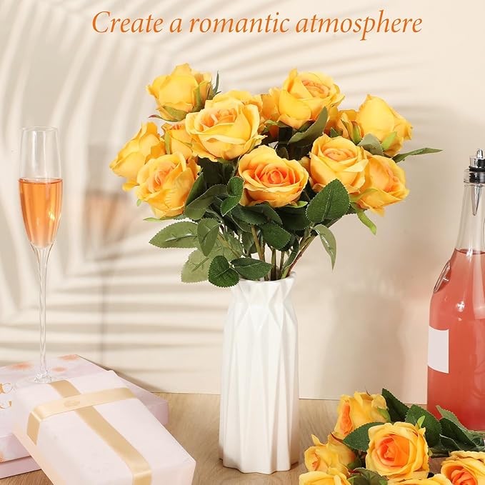 Hotop 20 Pcs Artificial Rose Flowers with Long Stem,Real Touch Silk Realistic Plastic Bouquet Roses Bulk for Home Decor Bridal Wedding Party Table Centerpieces Decorations(Orange)