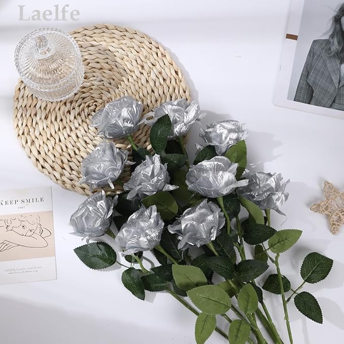 12 PCS Artificial Flowers Silver Roses, Silk Flowers Fake Long Stem Artificial Roses for Home Wedding Bathroom Kitchen Decorations (Silver)