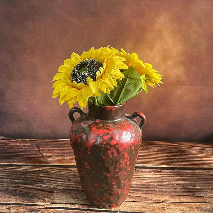 8IN Rustic Farmhouse Ceramic Vase Home Decor, Vintage Stoneware Clay Pottery Terracotta Textured for Modern Farmhouse, Living Room, Office Desk Table Shelf(Grey and red)