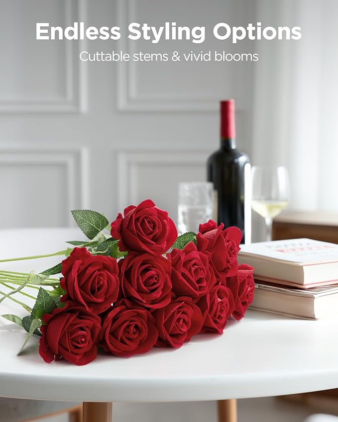 InnoGear 50 Pcs Red Roses Artificial Flowers, Fake Velvet Silk Rose Bulk Faux Flower for Decoration DIY Wedding Centerpieces Proposal Bridal Bouquets Shower Party Home Floral Decor (50, Red)