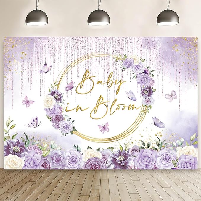 MEHOFOND Baby in Bloom Baby Shower Backdrop Purple Floral Butterfly Baby Shower Party Decorations Baby Girl's Watercolor Floral Glitter Drops Decorations Supplies Banner Photo Booth Studio Props