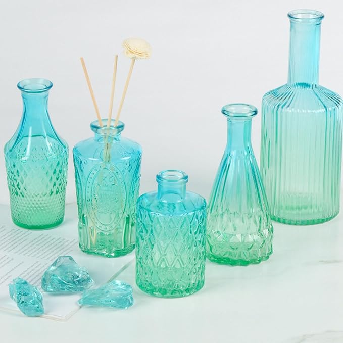 5Pieces Embossing Glass Vases Set Gradients Small Flower Buds Vases for Home Decors and Centerpieces Floral Arrangements