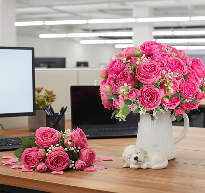 Peonies Artificial Flowers 12 Bundles Pink Flowers Bouquet, Lifelike Silk Fake Peonies with Stems for Home Table Centerpieces, Wedding, Party & DIY Bridal Floral Arrangements (Rose red)