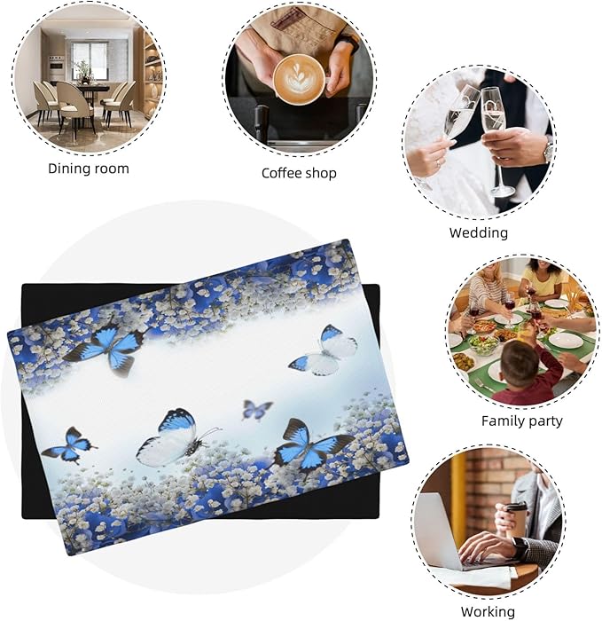 Blue Butterfly Flowers Placemats Set of 6,Spring Summer Flower Place Mats Washable for Kitchen Dining Table Heat Resistant Decorative Colth Table Mats 6 PCS, Style-3