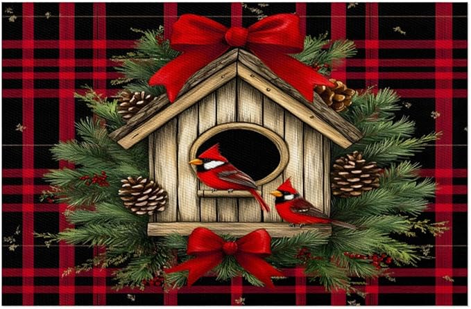 Christmas Art Waffle Cardinal Placemats Set of 6 PVC Vinyl Non Slip Table Mats Heat Resistant Place Mats Washable Wipeable Dining Table Mat for Kitchen Decor Party Indoor Outdoor Decorative Gift