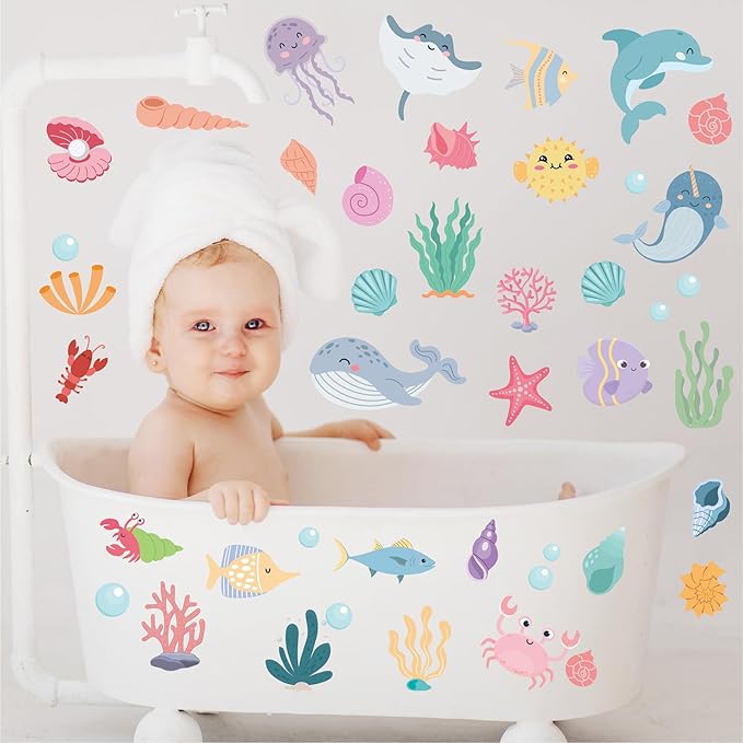 AOWDIAO 58 Pcs Ocean Animals Wall Decals - Peel and Stick Under The Sea Kids’ Room & Nursery Decor