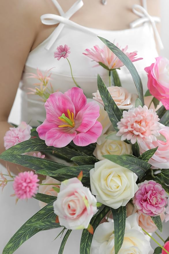 YYHUAWU Artificial Flowers Combo Set Fake Flower Leaf Box with Stems for DIY Wedding Bouquets Centerpieces Flower Arrangements Decorations Baby Shower Party Home Decorations White Pink