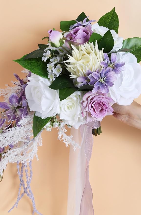 Bridal Bouquet,9 Inch Wedding Bouquets Purple and White Fake Wedding Silk Flowers for Ceremony Anniversary Brides Shower(Purple)