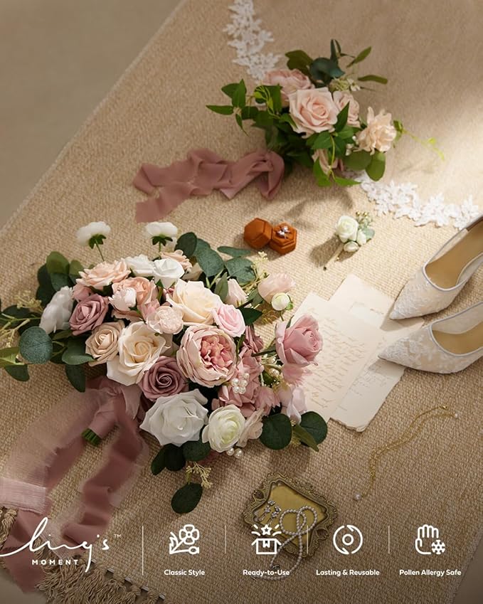 Ling's moment Pink Wedding Bouquets for Bride, Dusty Rose Bridal Bouquets for Bride, 15 Inch Free Form Artificial Wedding Flowers Bouquets