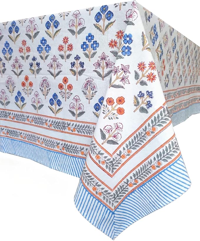 ATOSII Flora Bloom 100% Cotton Square Boho Fall Tablecloth, Handblock Floral Table Cloth Linen for Kitchen Dining I Parties Wedding Outdoors Christmas Thanksgiving I Fall Home Decor 60 X 60 Inches