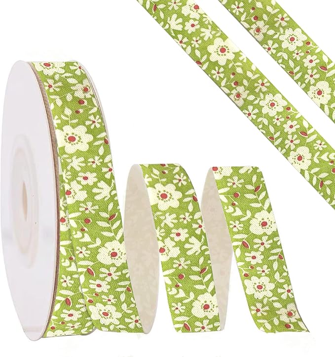 Green Floral Ribbon 5/8" x 10Yards Vintage Flower Ribbon for Bow Wreath Craft Gift Wrap, Floral Flowers Printed Cotton Ribbons for DIY Handmade Hair Bow Festival Wedding Home Party Decor