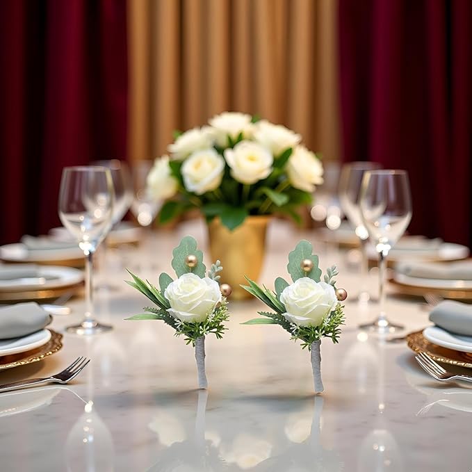 2Pcs Roses Boutonniere for Men Wedding, Groom Groomsman Artificial White Rose Flowers with pins for Wedding Anniversary Celebration,Prom,Party,Home Decoration Artificial Flowers