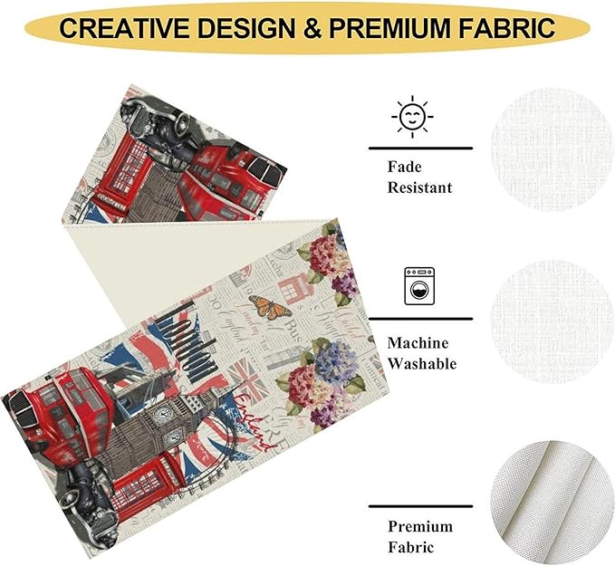 British Table Runner, Seasonal Vintage Floral England London Culture Element Coffee Table Center Decor for Home Kitchen Dining Patio Holiday Party Table Decorations 13x90 inches